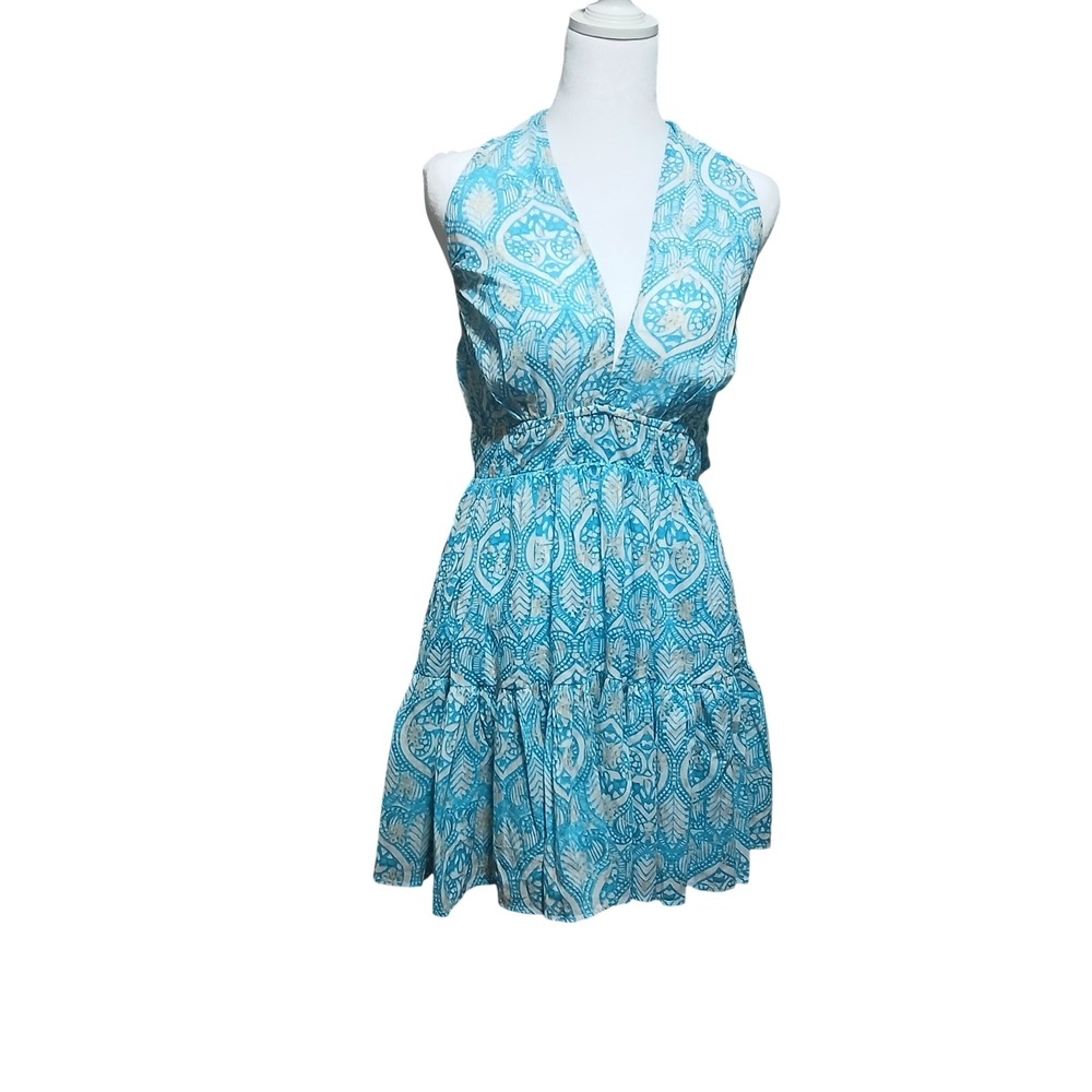 Antica Sartoria Giacomo Cinque Turquoise Paisley Cotton Halter Mini Dress EC856